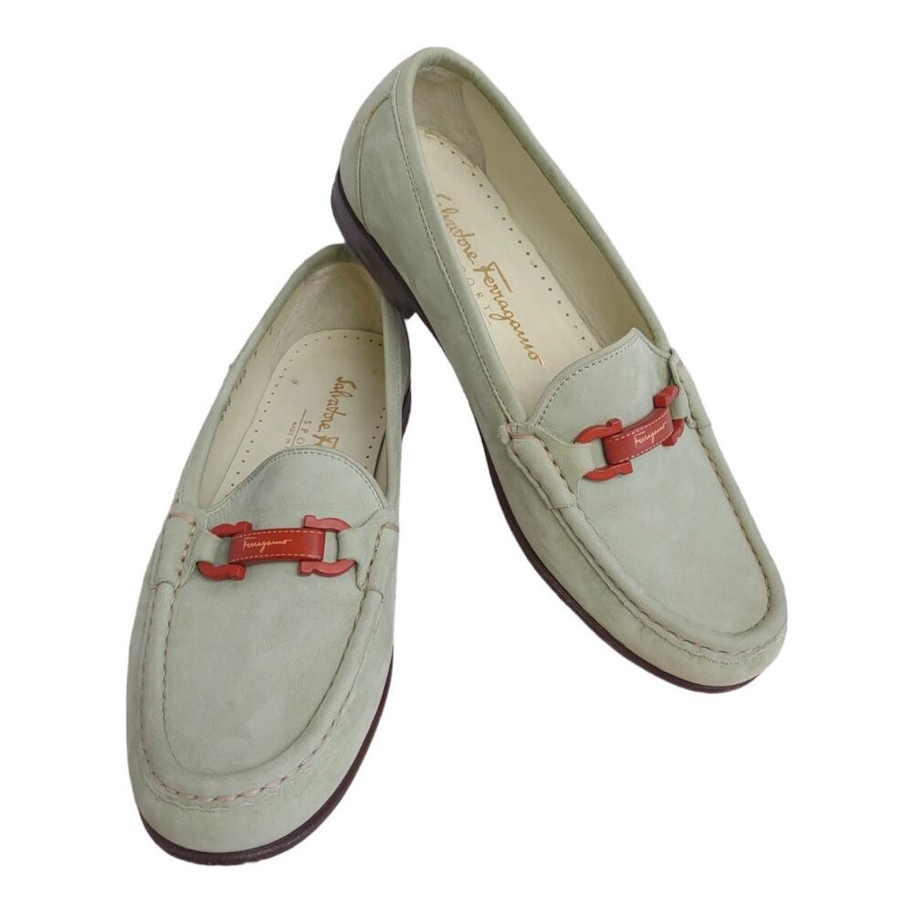 SALVATORE FERRAGAMO Loafers Size 7-C Light Sage Green Suede Red Hardware Preppy
